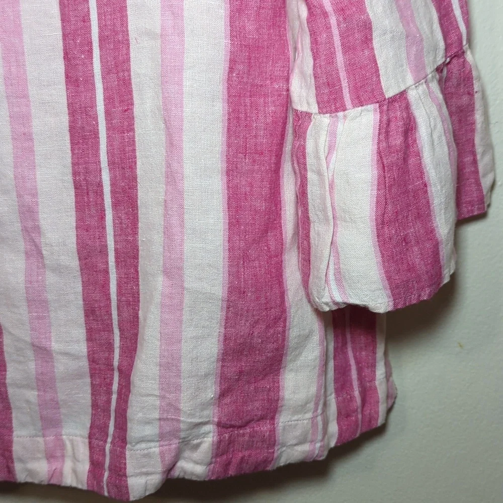 Charter Club 100% Linen Blouse Pink + White Striped 3/4 Sleeve Ruffle Size PXL